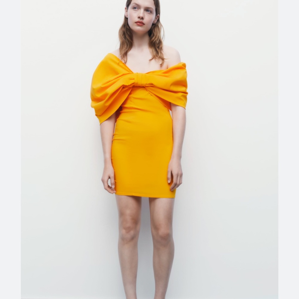 NWT Zara Elegant Yellow Off-Shoulder Bow Mini Dress size small